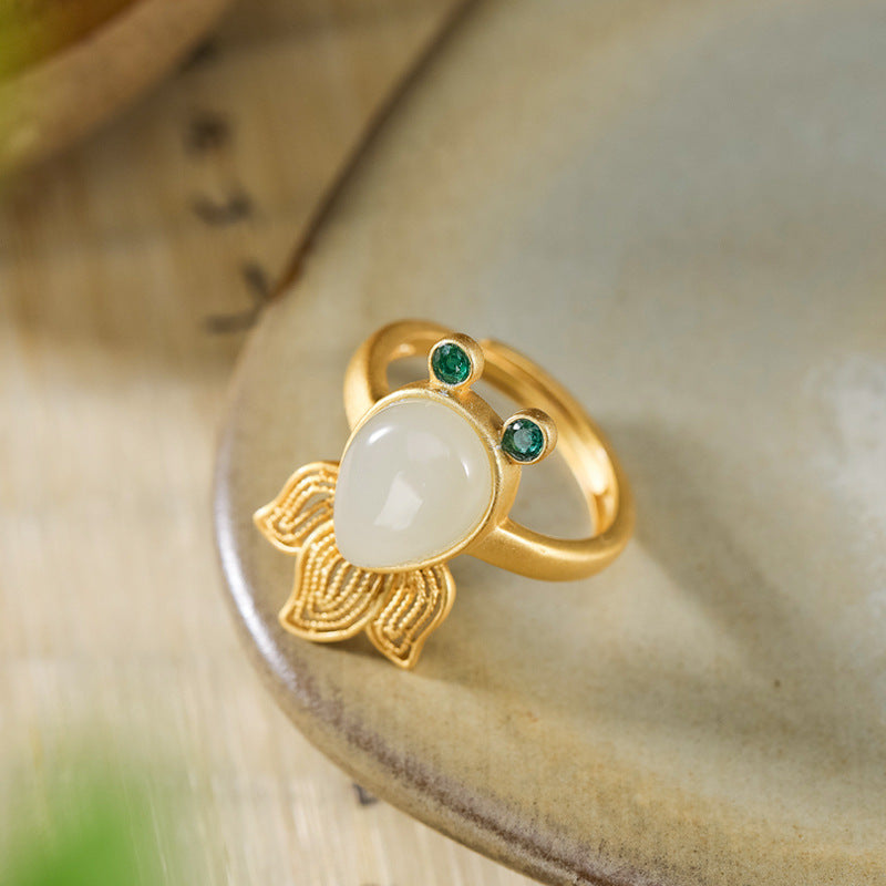 S925 sterling silver gold-plated natural Hetian white jade goldfish ring Temperament open adjustable ring