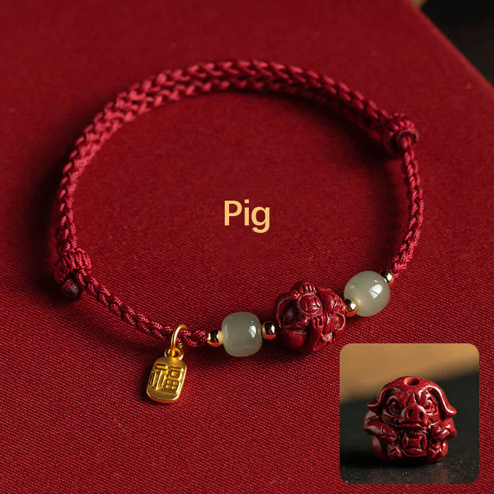 Natural Cinnabar Chinese Zodiac Hetian Jade Fu Character Luck Rope Bracelet