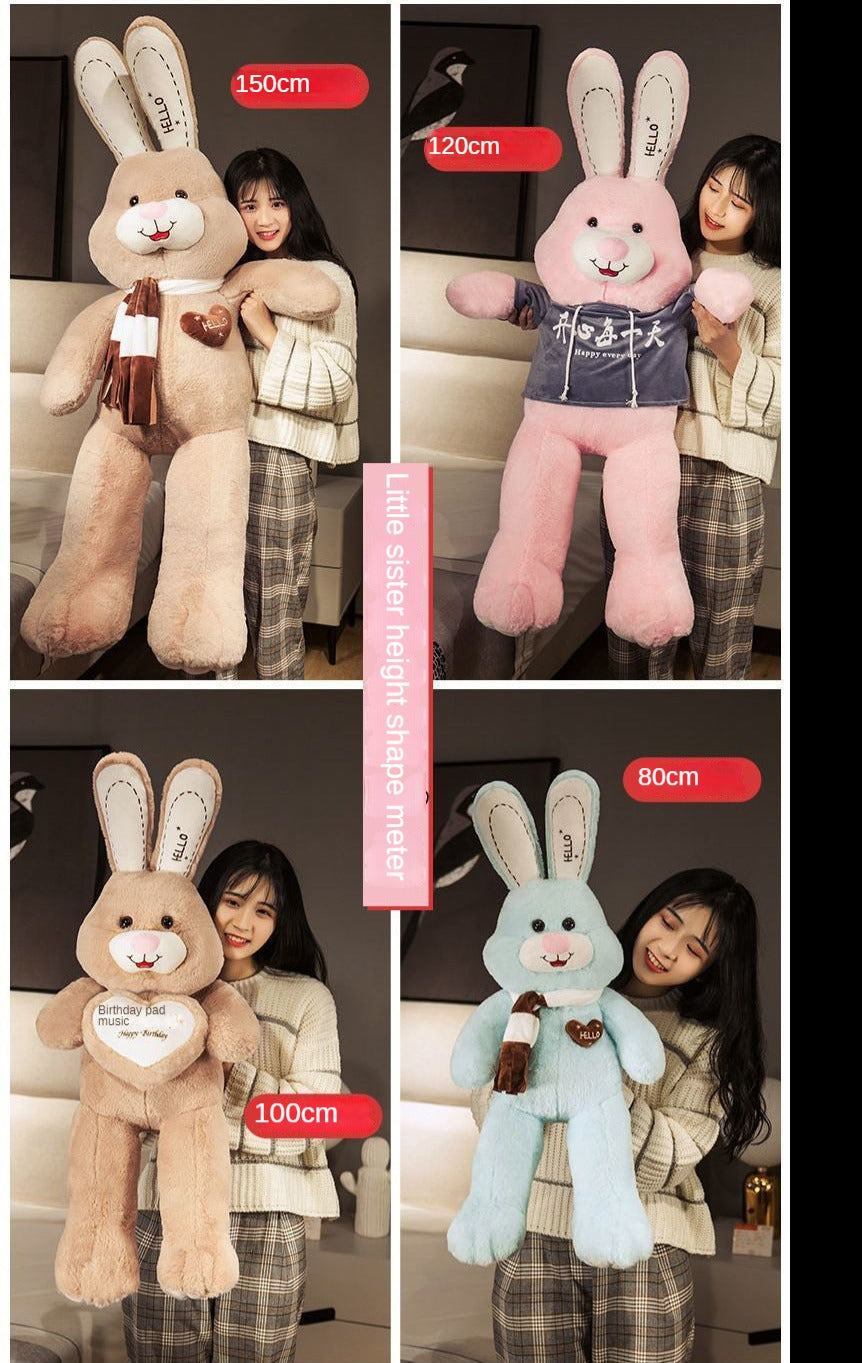 Large Plush Bunny Pillow with Scarf - Cute Soft Toy in Brown, Pink, or Blue - Perfect Cuddle Doll for Girls