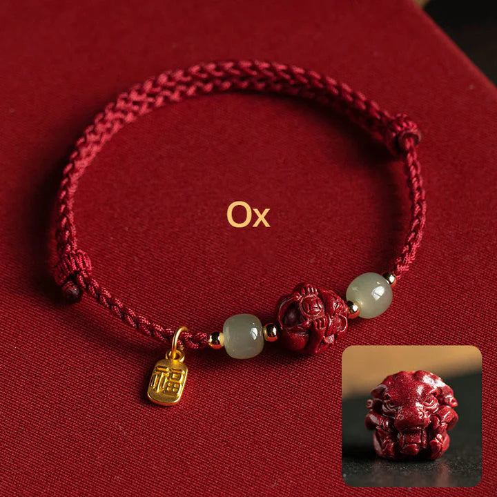 Natural Cinnabar Chinese Zodiac Hetian Jade Fu Character Luck Rope Bracelet