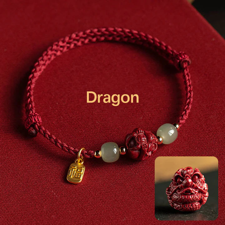 Natural Cinnabar Chinese Zodiac Hetian Jade Fu Character Luck Rope Bracelet