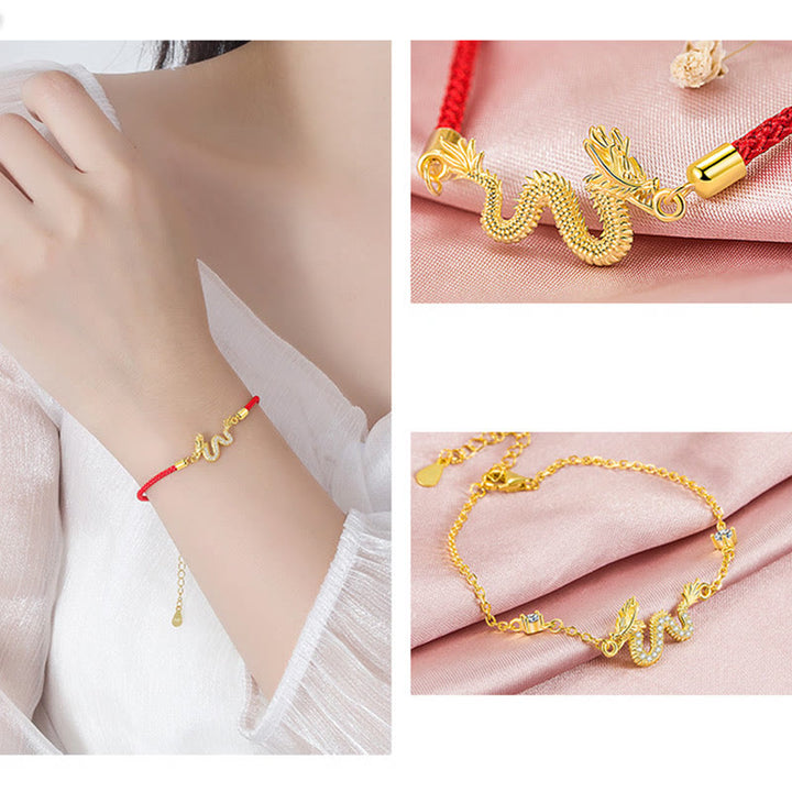 925 Sterling Silver Year Of The Dragon Auspicious Golden Dragon Luck Red Rope Chain Bracelet