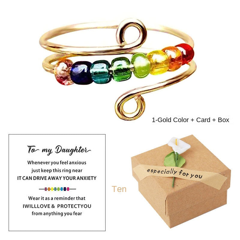 Colorful Spinning Adjustable Rainbow Bead Anxiety Ring - Fidget Ring with Gift Box and Card