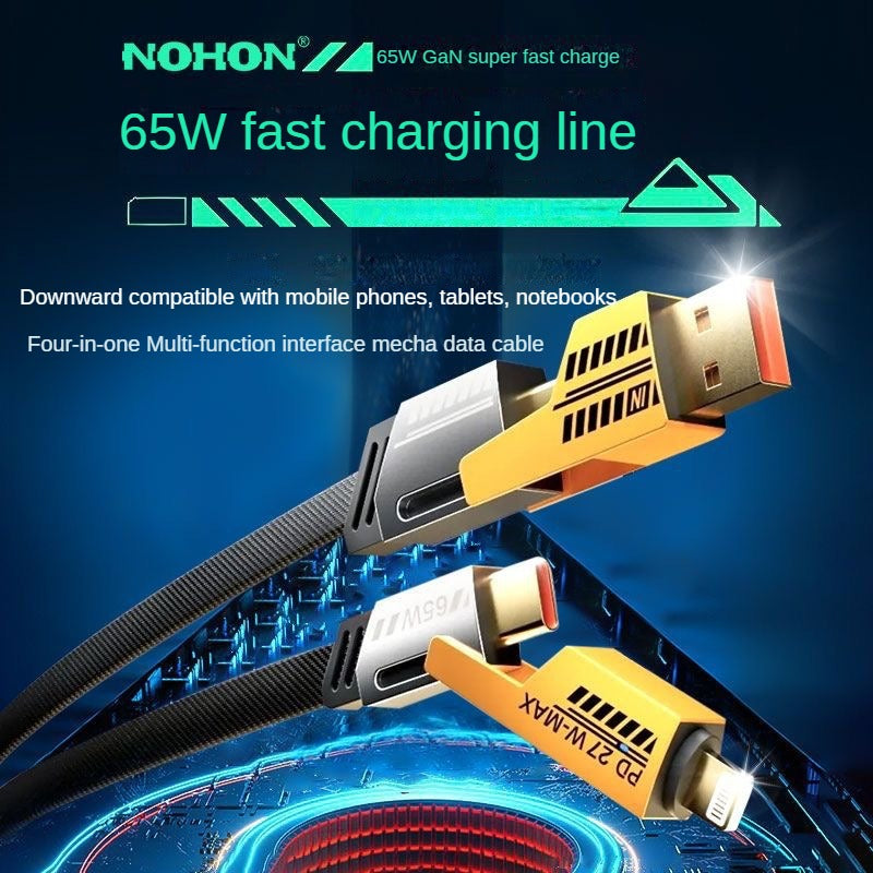 Yellow Mecha 4-in-1 Data Cable - Dual Fast Charging, 2-in-2 PD 27W Super Fast Charge, Multi-Function Switch, Available in 1m, 1.5m, and 2m Lengths