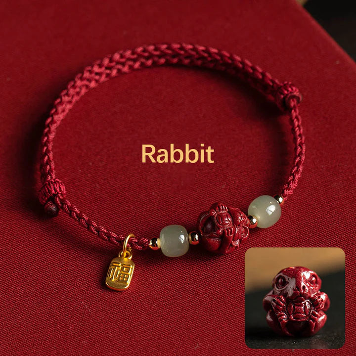 Natural Cinnabar Chinese Zodiac Hetian Jade Fu Character Luck Rope Bracelet