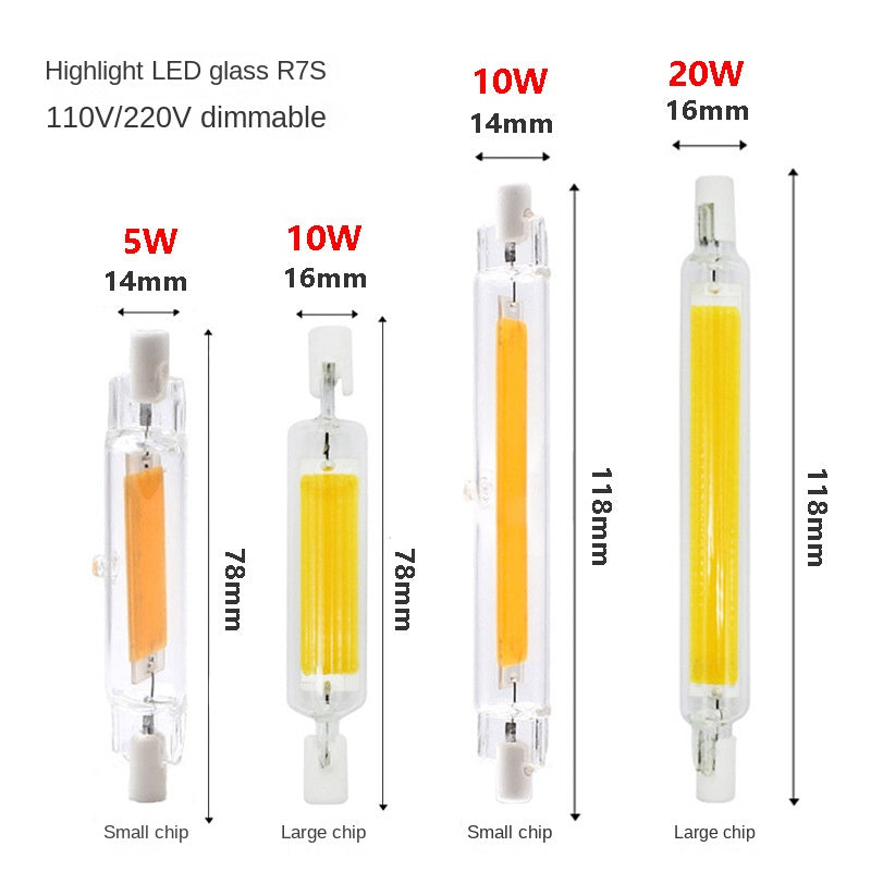 High Brightness R7S LED Light - COB Glass Double-Ended Lamp, 78mm/118mm Horizontal Plug