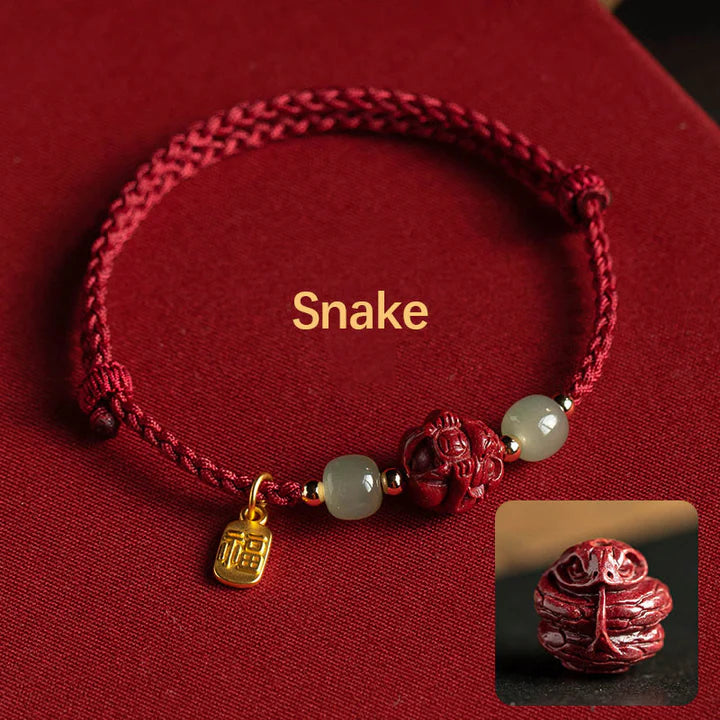 Natural Cinnabar Chinese Zodiac Hetian Jade Fu Character Luck Rope Bracelet