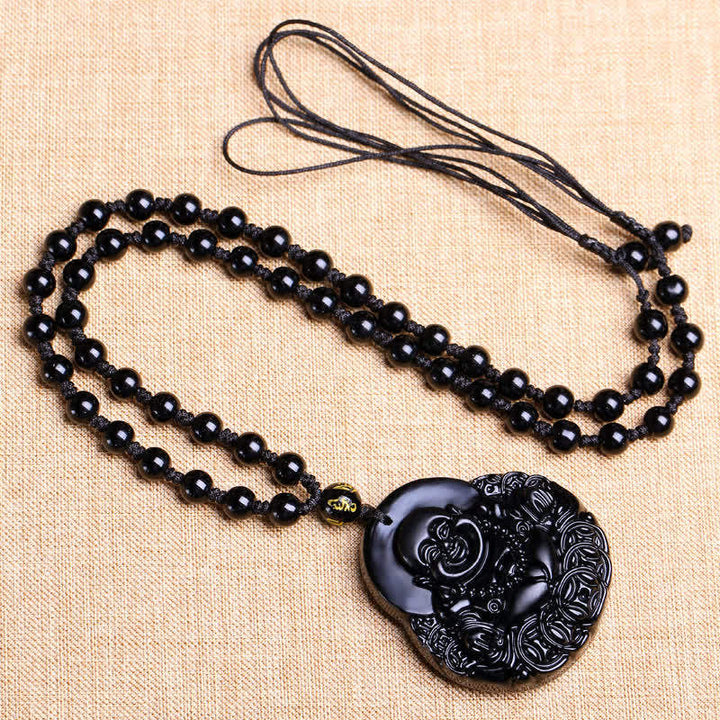 Laughing Buddha Black Obsidian Strength Protection Pendant Necklace