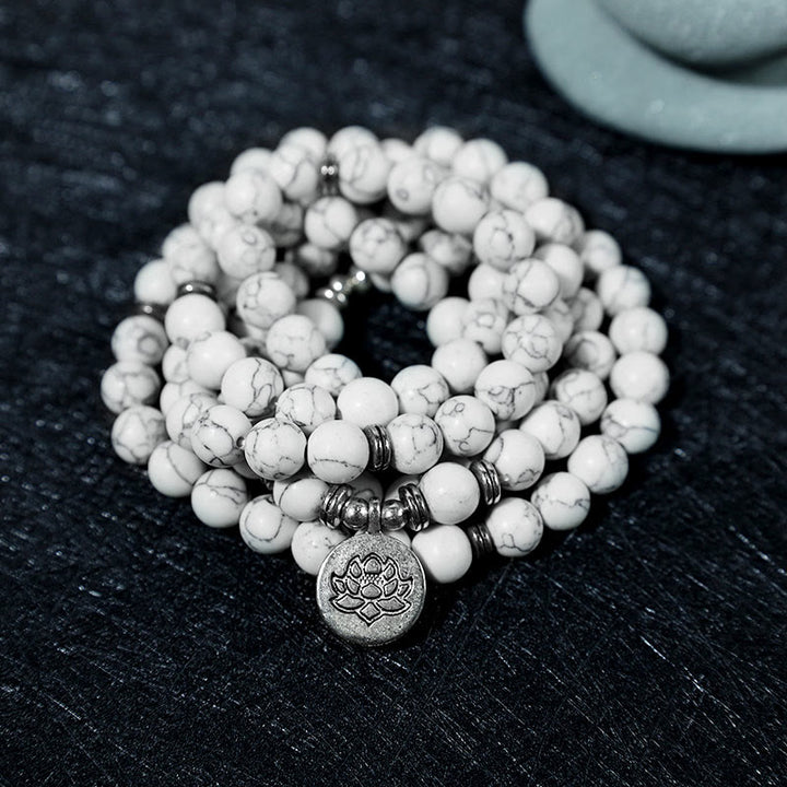 Buddha Stones White Turquoise Lotus Mala Healing Bracelet