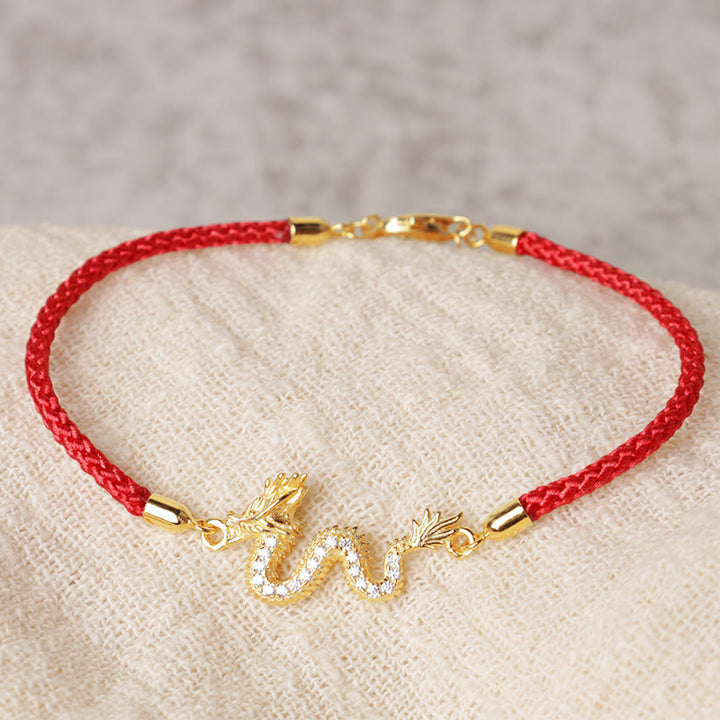 925 Sterling Silver Year Of The Dragon Auspicious Golden Dragon Luck Red Rope Chain Bracelet