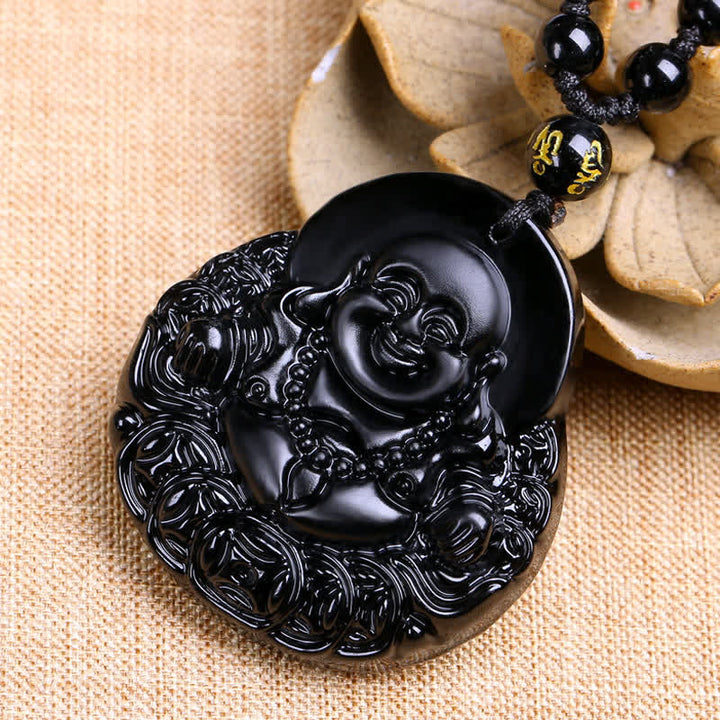 Laughing Buddha Black Obsidian Strength Protection Pendant Necklace