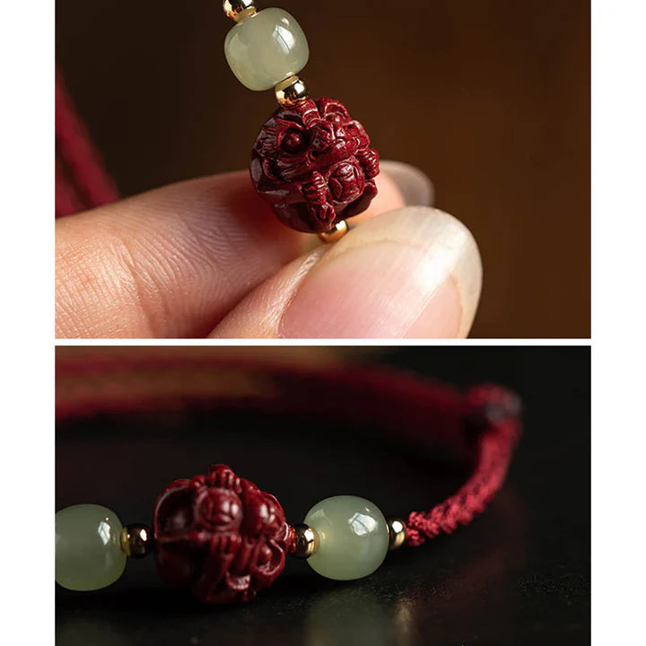 Natural Cinnabar Chinese Zodiac Hetian Jade Fu Character Luck Rope Bracelet