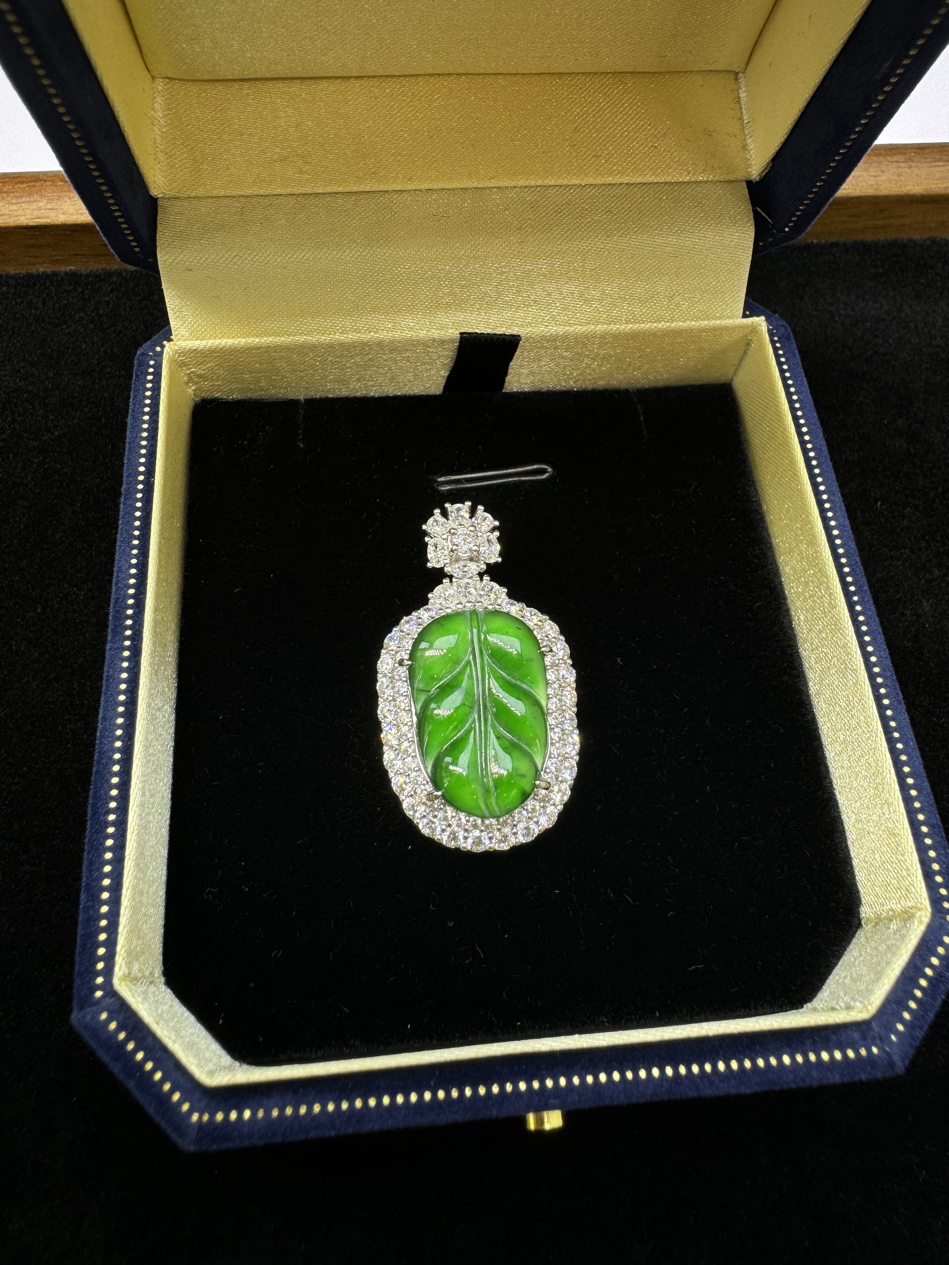 Diamond-Encrusted Green Leaf Pendant Necklac