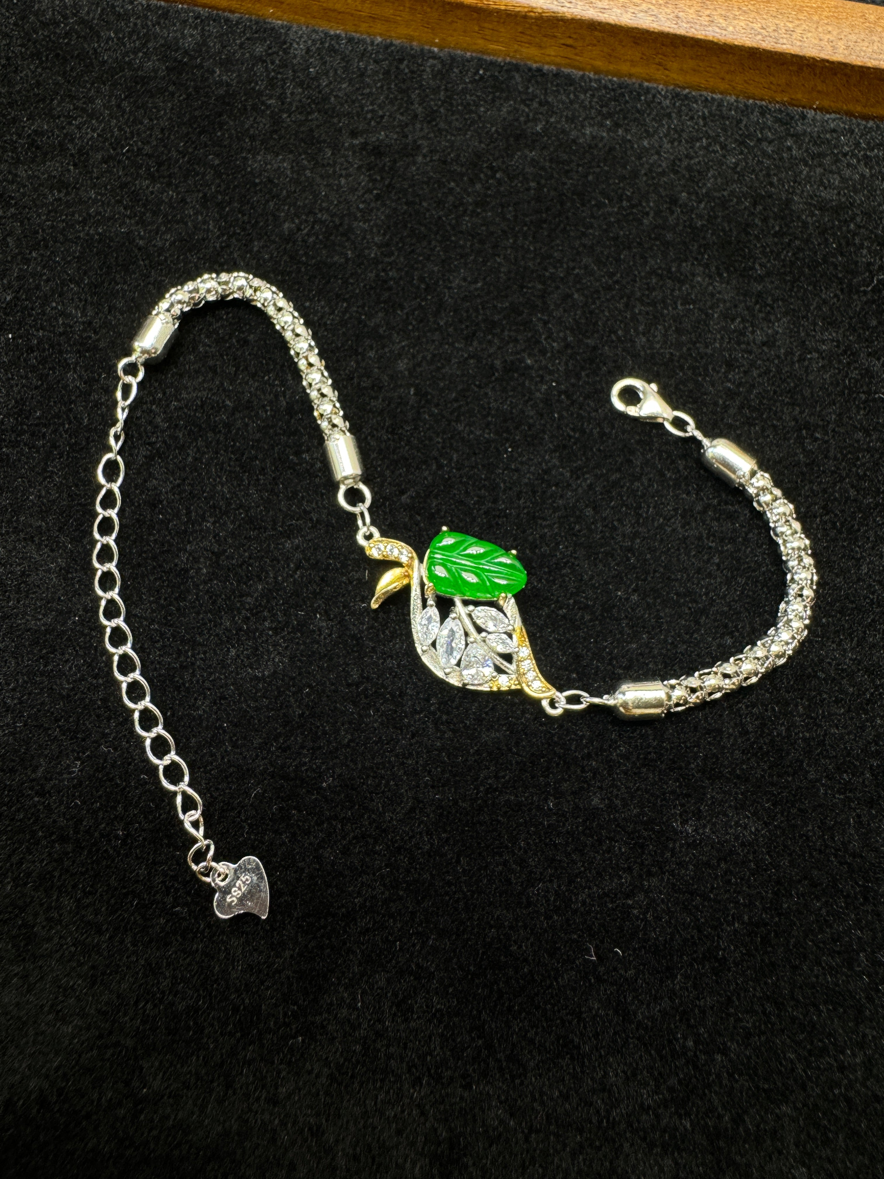 Diamond-Set Green Leaf Branch Bracelet