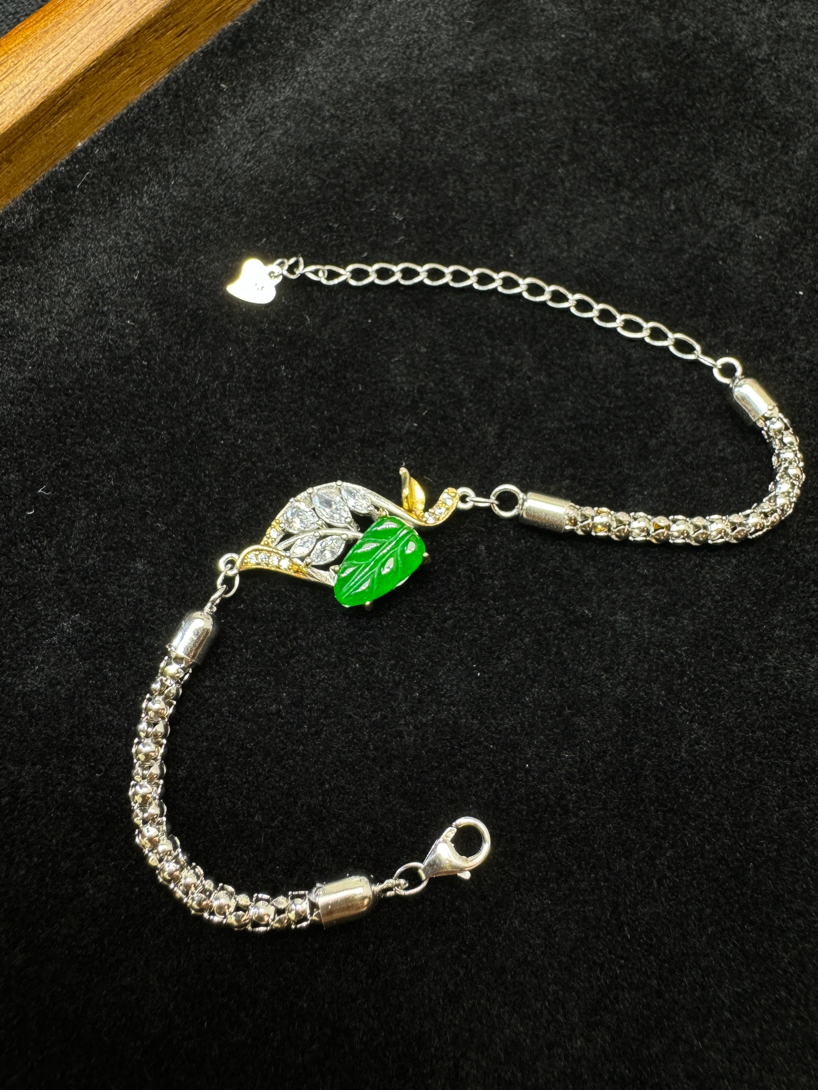 Diamond-Set Green Leaf Branch Bracelet