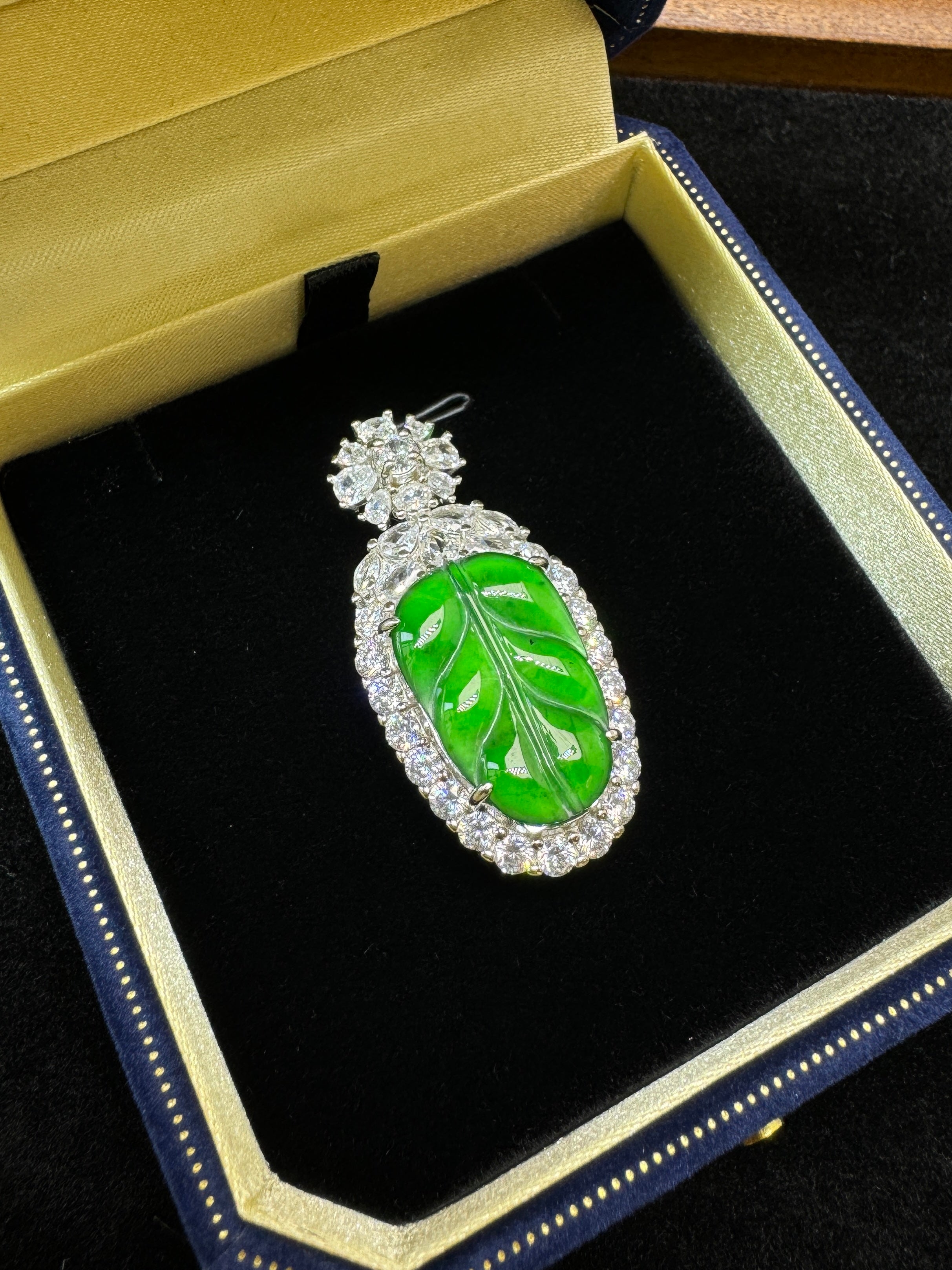 Diamond-Encrusted Green Leaf Pendant Necklac