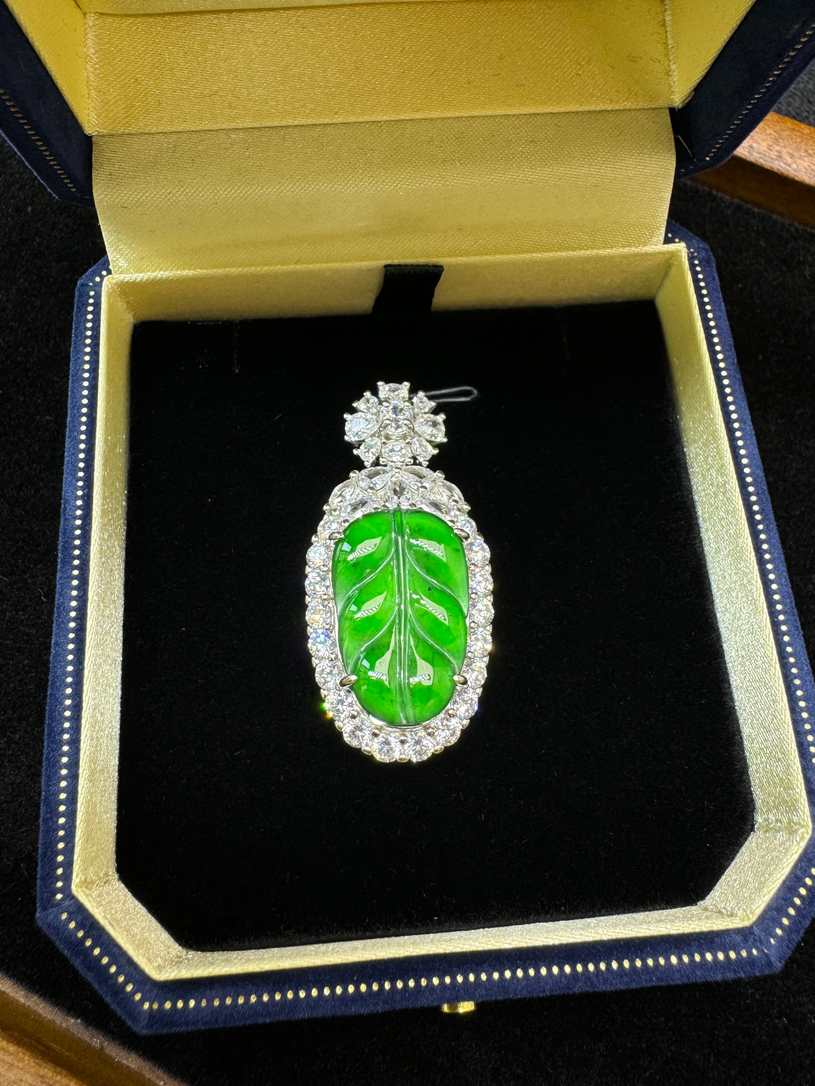 Diamond-Encrusted Green Leaf Pendant Necklac