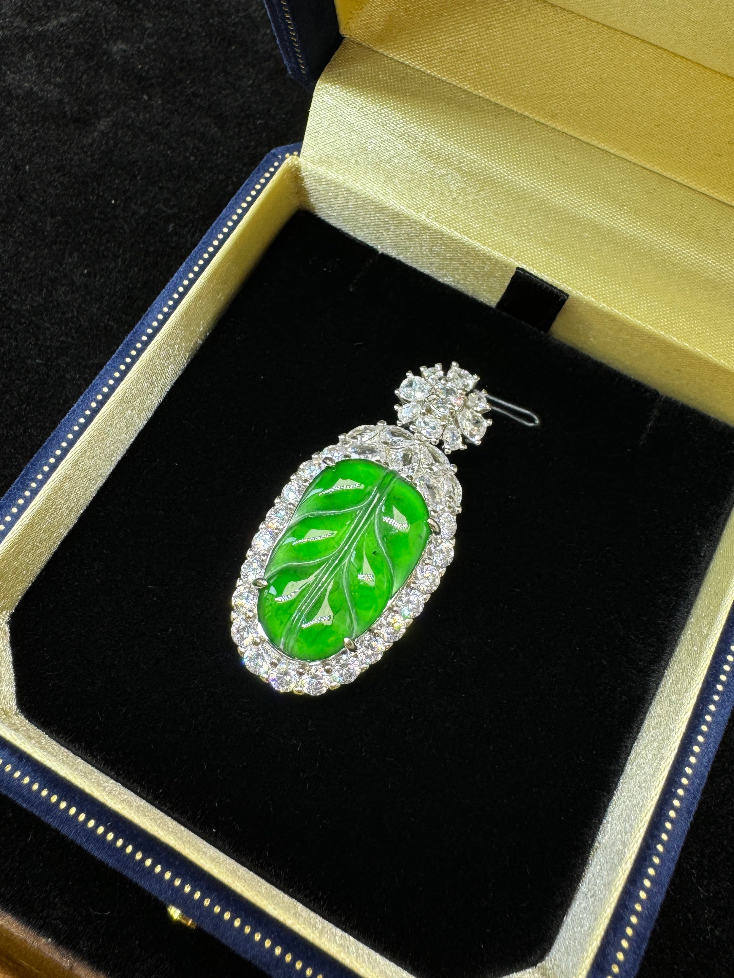 Diamond-Encrusted Green Leaf Pendant Necklac