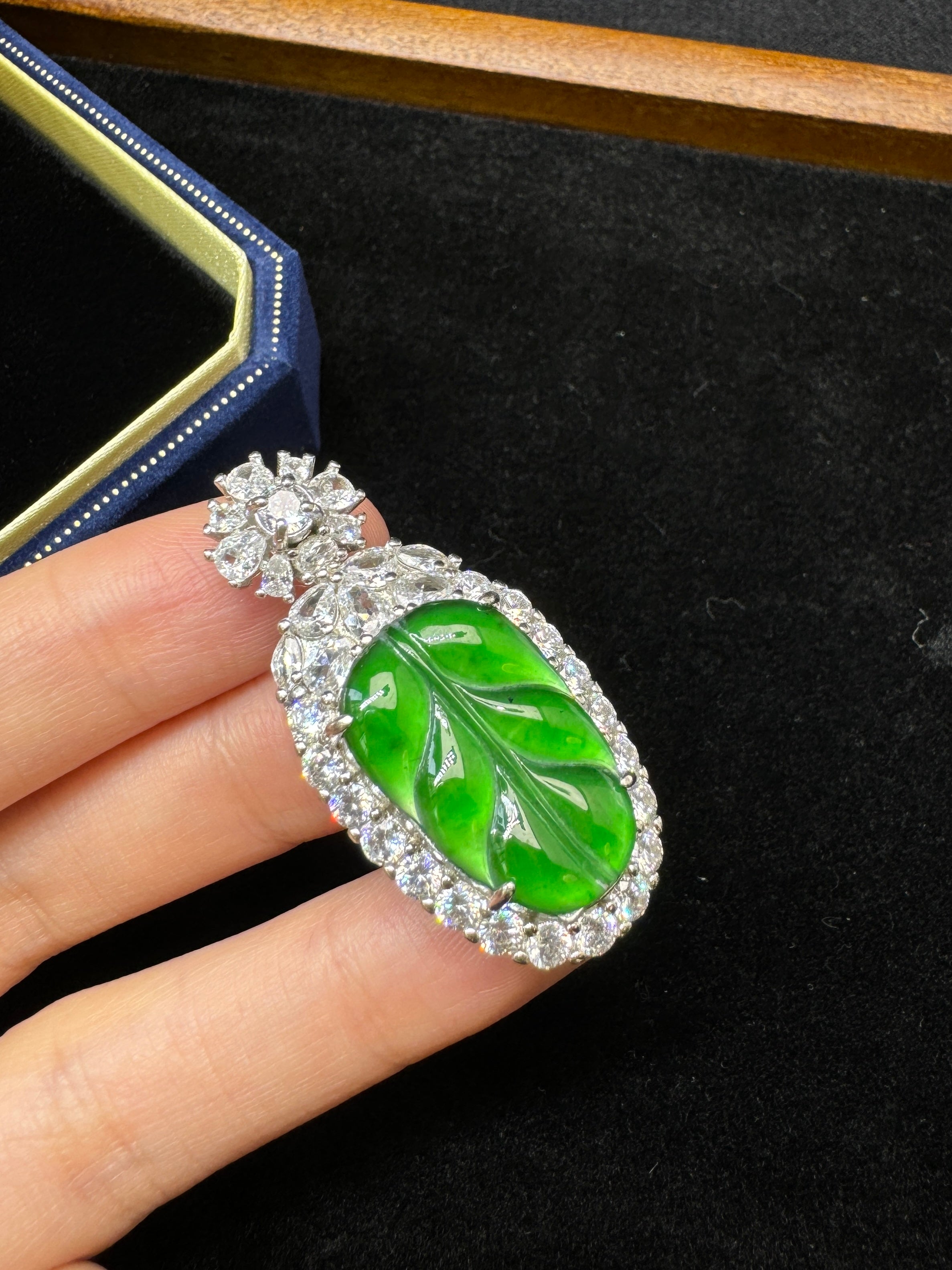 Diamond-Encrusted Green Leaf Pendant Necklac