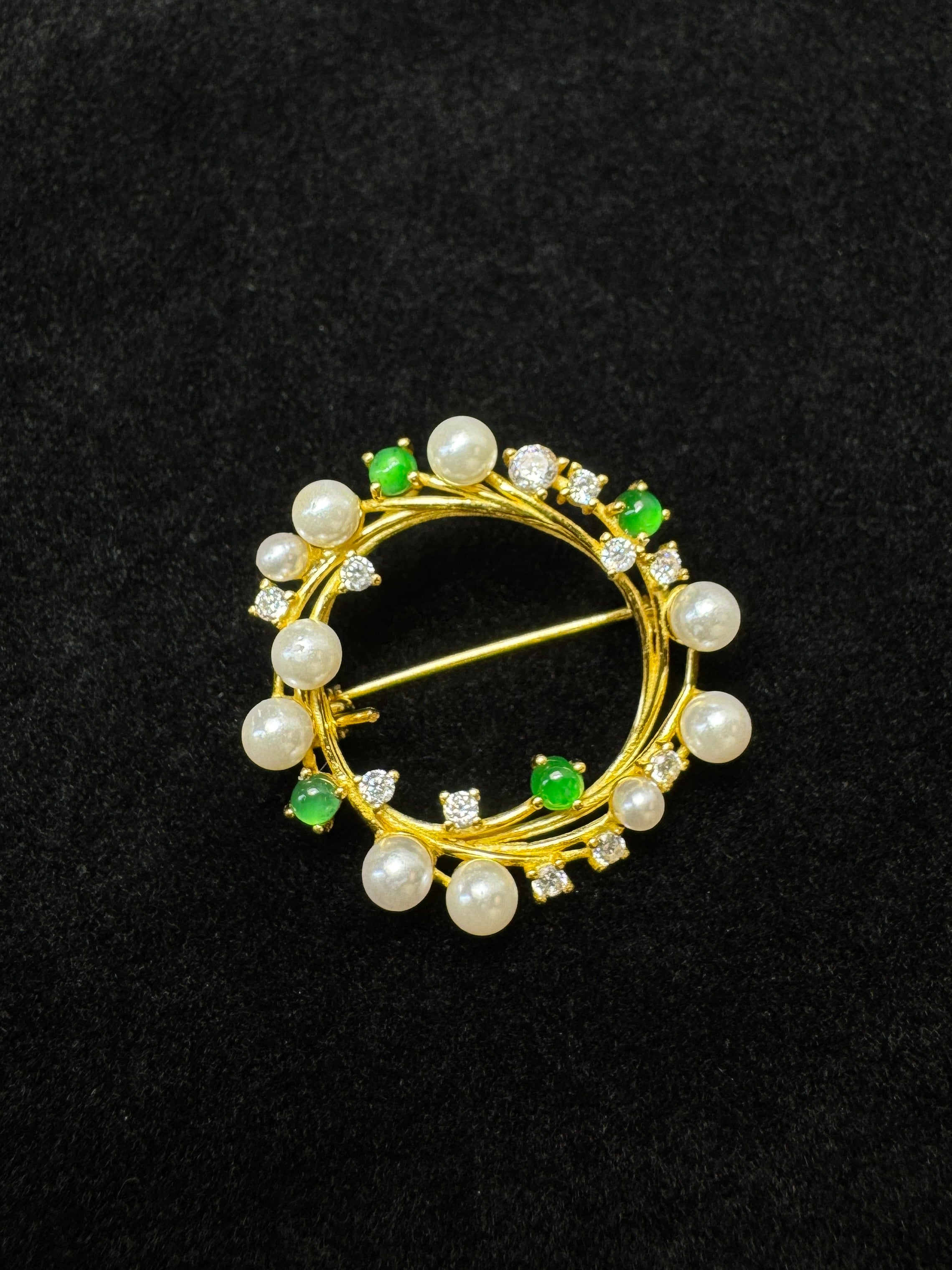 Gold-Plated Diamond & Pearl Flower Halo Brooch