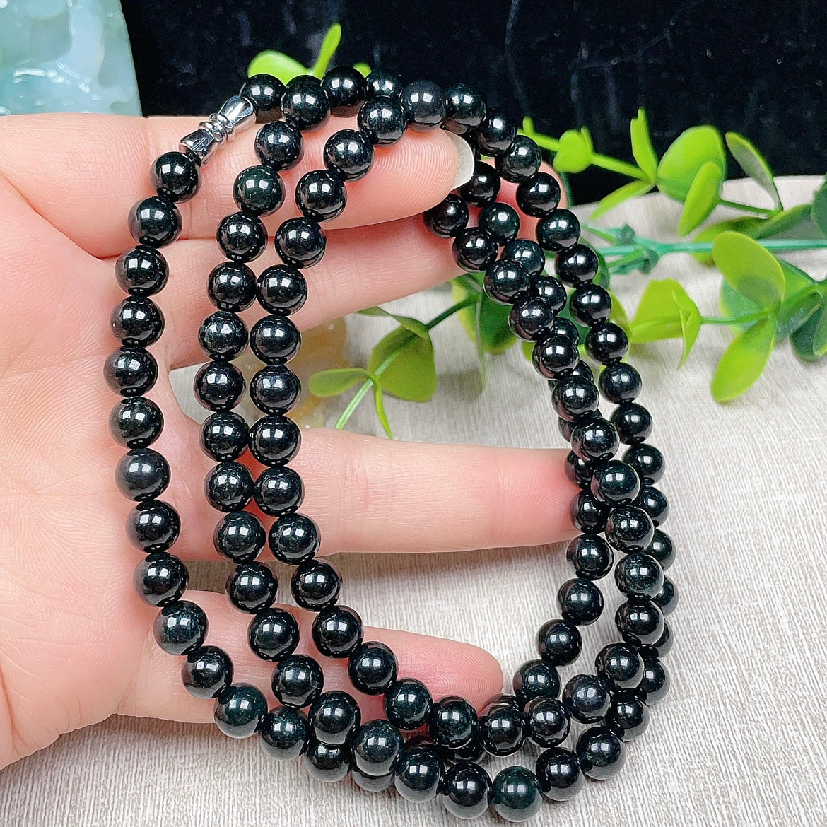 Myanmar natural jadeite 7MM black jadeite necklace