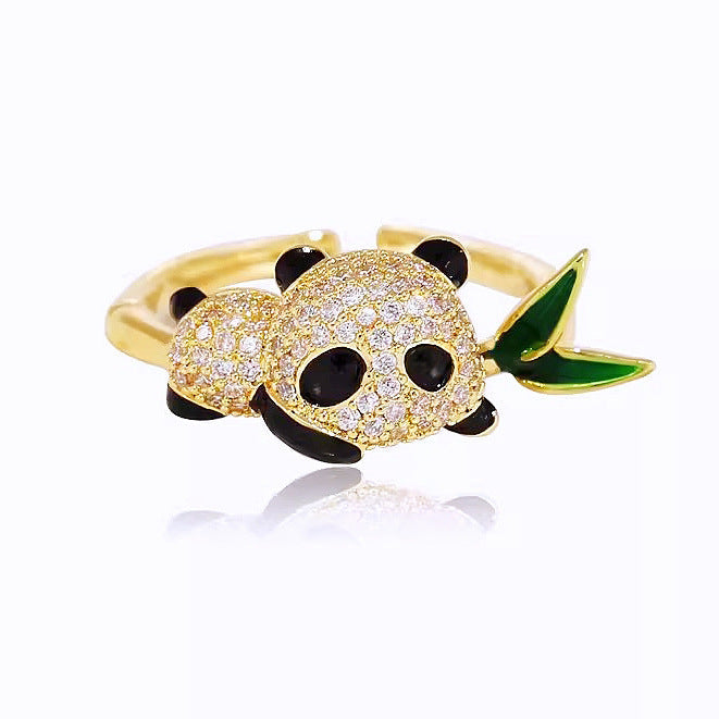 Chinese style cute panda bamboo leaf ring girls ancient Chinese style sweet adjustable ring