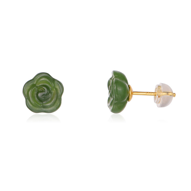 925 silver natural Hetian jade rose earrings