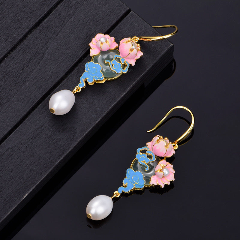 925 silver jadeite "Auspicious Cloud Peony" enamel earrings