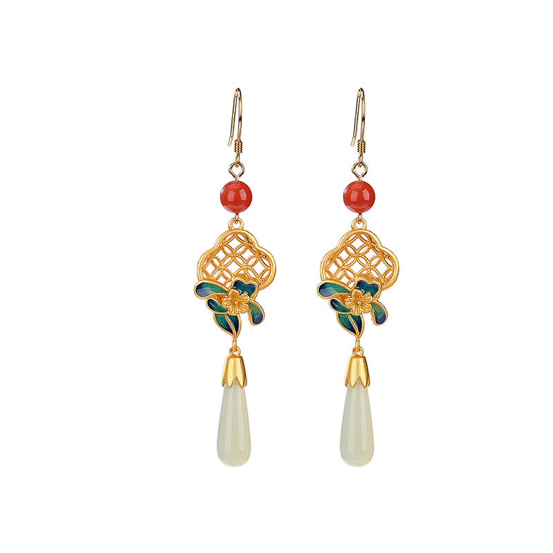 S925 sterling silver, gold-plated Hetian jade, cloisonne, vintage coin, four-leaf clover, plum blossom, long earrings