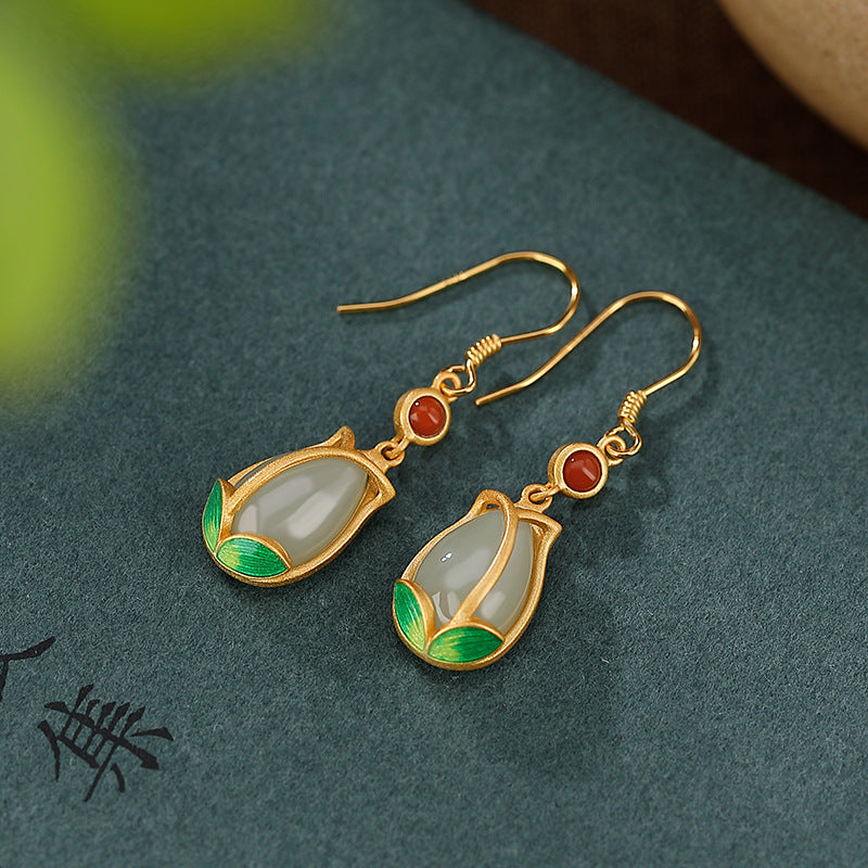 S925 sterling silver gold-plated cloisonne and Hetian jade vintage tulip temperament set earrings, rings, necklace three-piece set