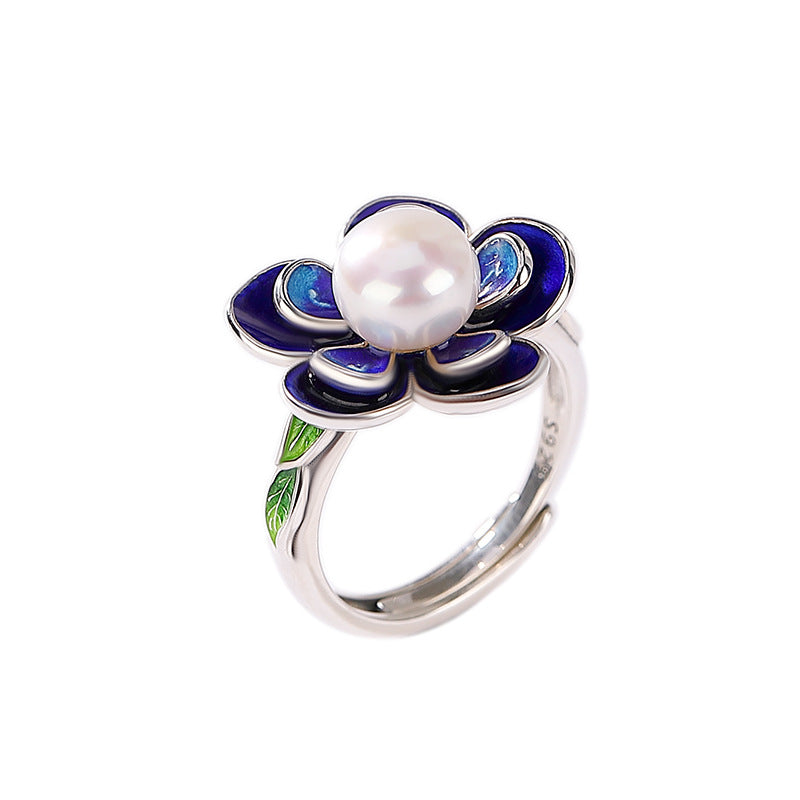 S925 sterling silver cloisonne pearl flower ring Chinese style cheongsam Hanfu accessories elegant literary ring