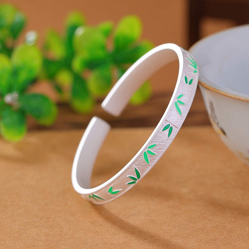 Pure Silver 999.9 Ancient Silver Bamboo Leaf Bracelet Enamel Craft Simple and Fashionable Open Bracelet