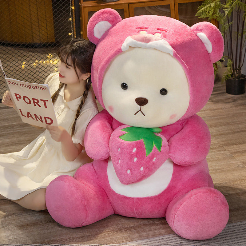 Heart-Hugging Strawberry Bear Plush Toy - Transformable Bear with Removable Hat - 5 Size Options