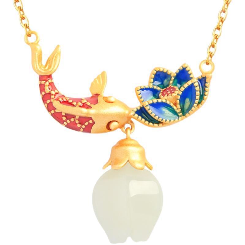 Hetian Jade Koi Fish Pendant Necklace for Women - Luxury Chinese Style Vintage Design