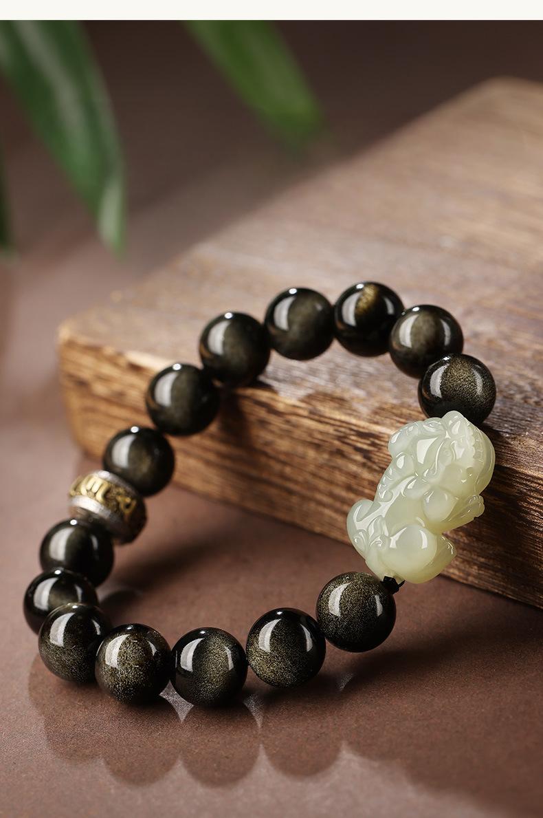 925silver Hetian Jade Obsidian Pixiu Six-Character Mantra Fortune-Teleporting Beads