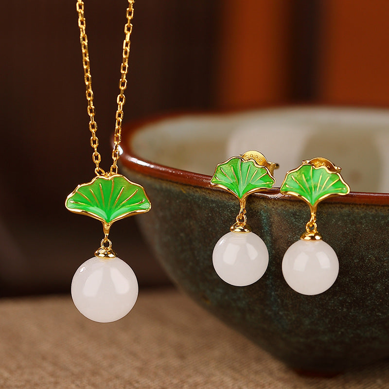 S925 sterling silver gold-plated white jade ginkgo leaf round bead earrings necklace  Pastoral fresh temperament female necklace