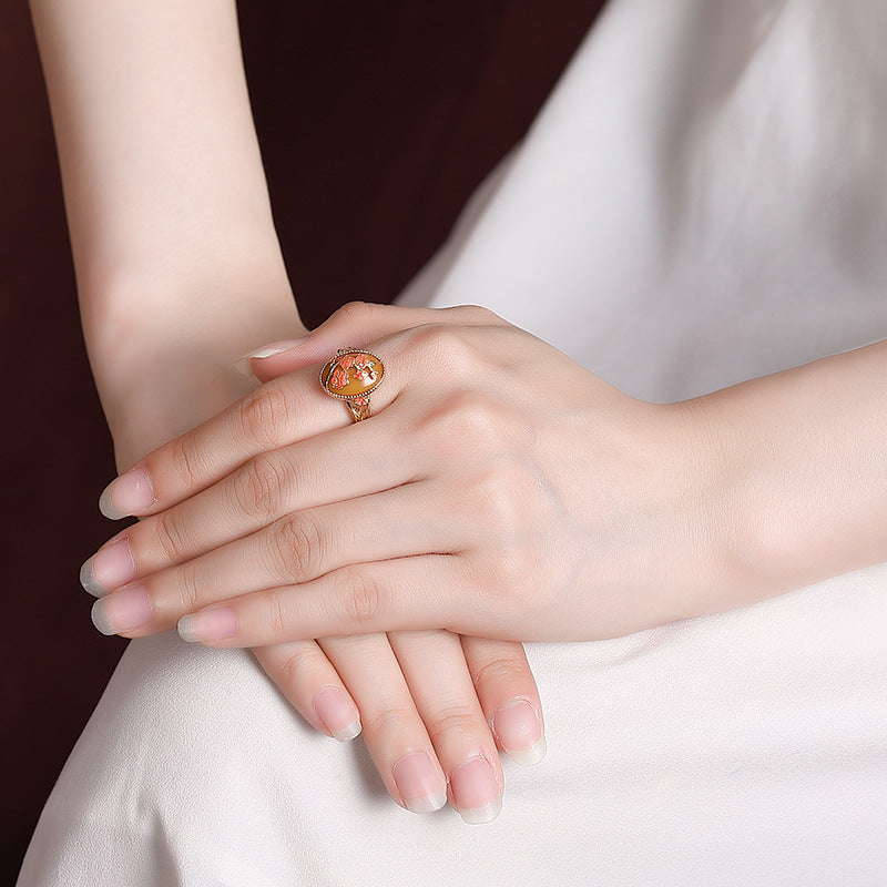 S925 sterling silver gold-plated beeswax enamel peach blossom hollow ring