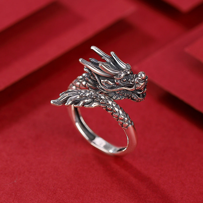 S999 sterling silver retro distressed domineering dragon ring  Unisex open ring for the dragon in the birth year