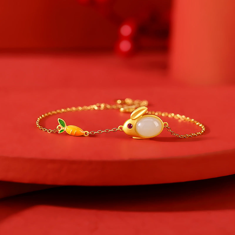 S925 sterling silver and gold-plated Hetian jade rabbit love carrot package | bracelet, necklace, earrings, ring four-piece set