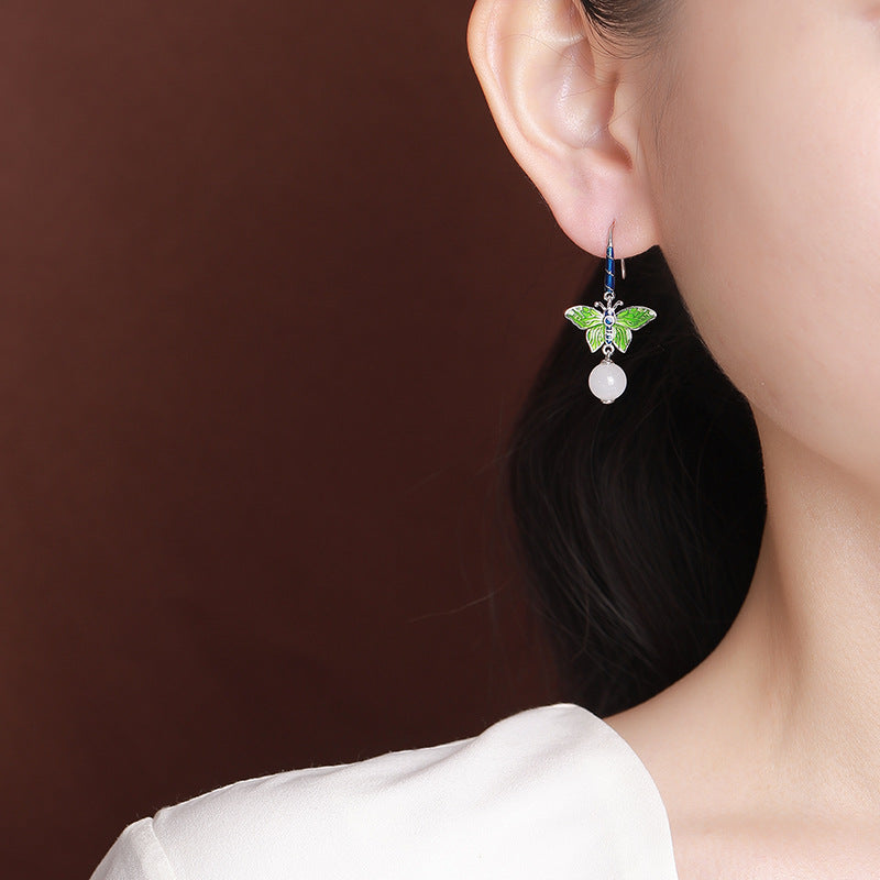 S925 sterling silver Hetian jade white jade cloisonne butterfly round bead earrings  National trend new Chinese style enamel earrings