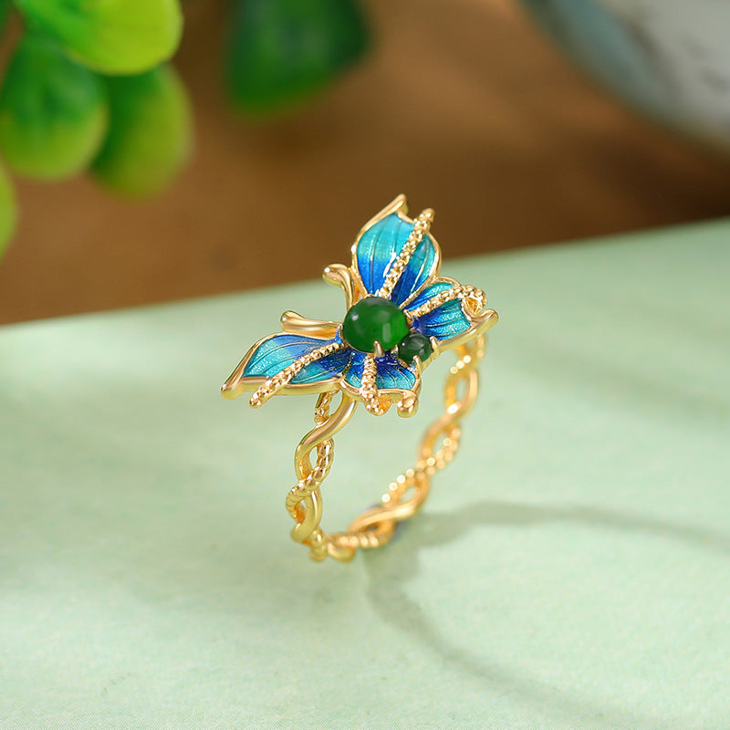 S925 sterling silver jade enamel butterfly twist ring  light luxury niche fashion high-end open ring