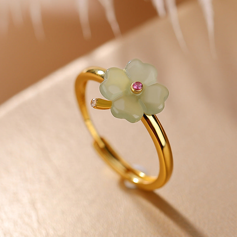 S925 sterling silver gold-plated Hetian jade lucky four-leaf clover ring  Fashionable and versatile open ring