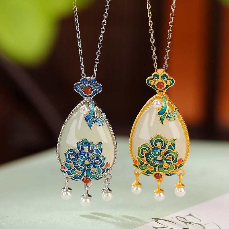 S925 sterling silver gold-plated Hetian jade national tide cloisonne carp Ruyi water drop tassel pendant