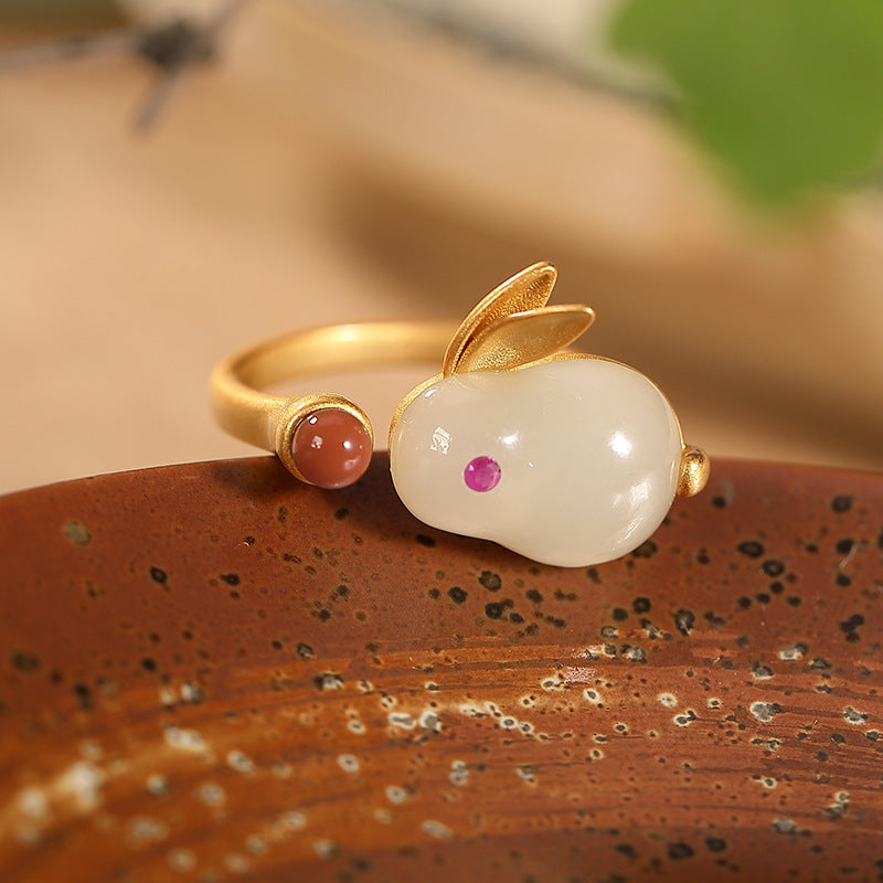 S925 sterling silver gold-plated Hetian jade rabbit earrings, rings and pendant sets  Cute and elegant women's earrings