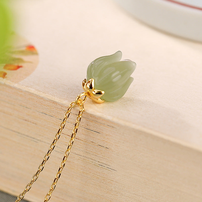 S925 sterling silver gold-plated Hetian jade green jade tulip necklace  Fresh and rustic style all-match necklace