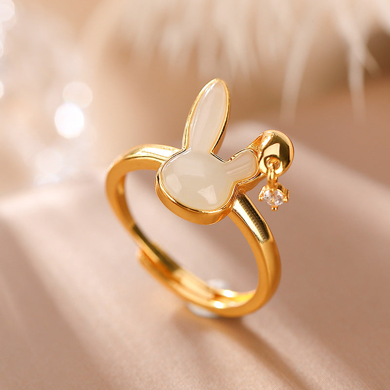 S925 sterling silver and gold-plated Hetian jade lucky rabbit ring Temperamental cute rabbit open ring Fashionable and versatile female jewelry