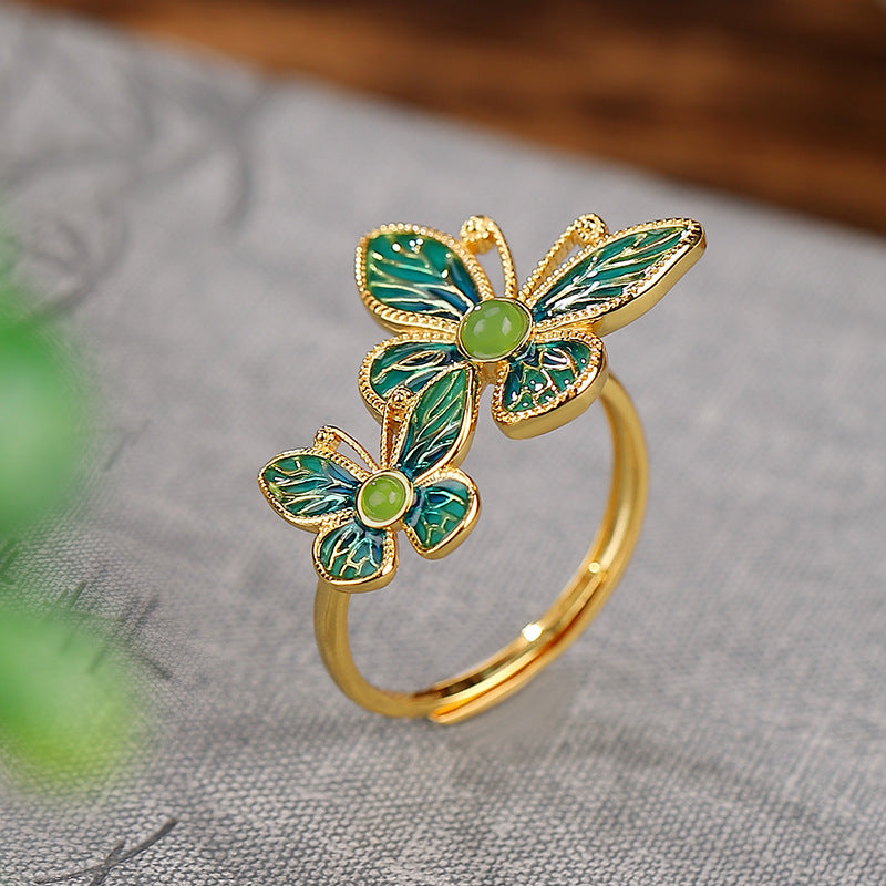 S925 sterling silver and gold-plated Hetian jade butterfly ring