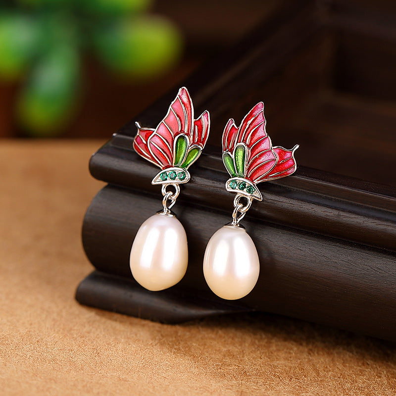 S925 sterling silver pearl butterfly design temperament set  Chinese elegant retro rings, earrings, necklaces