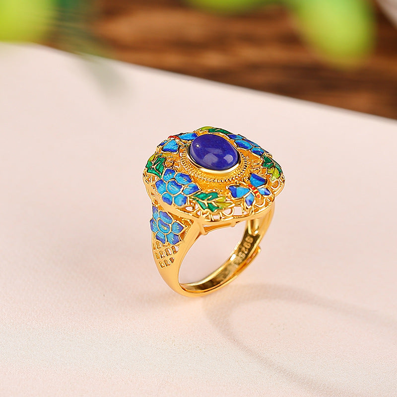 S925 sterling silver gold-plated Nanhong lapis lazuli enamel butterfly lotus hollow ring  National trend egg-shaped ring