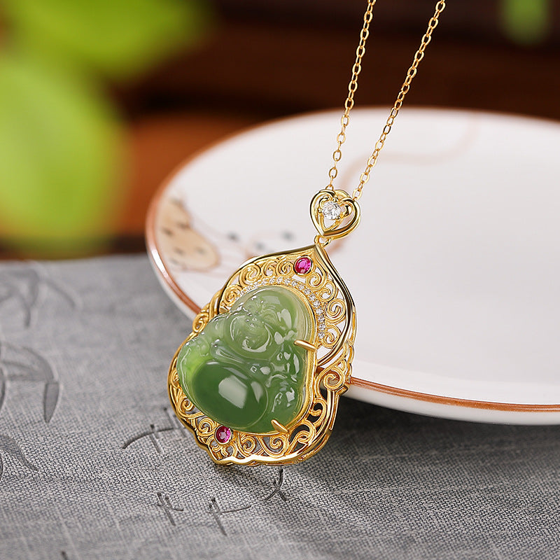 Natural Hetian Jade Laughing Buddha Blessing Abundance Necklace Pendant